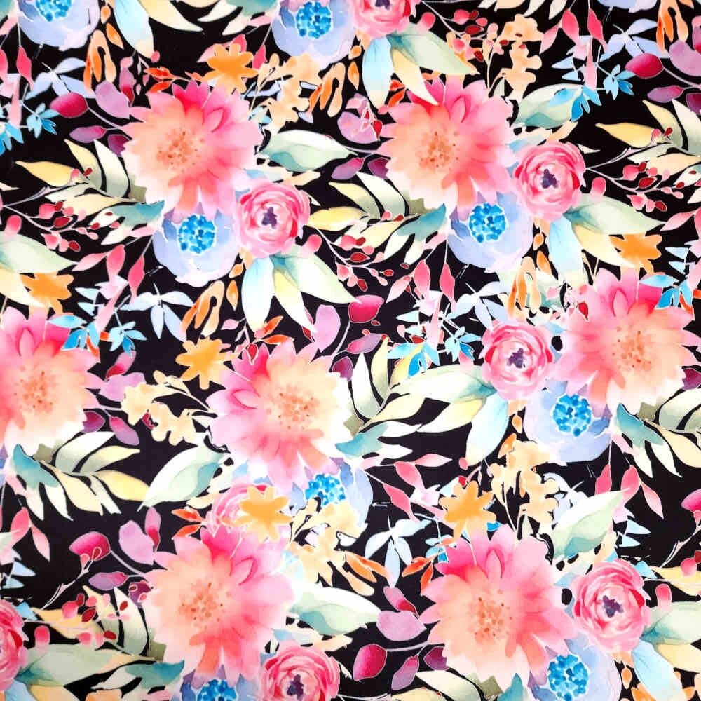 Digital Printed Duchess Satin - Floral - Black